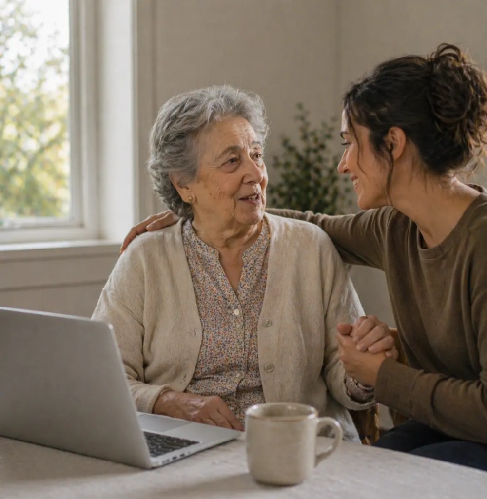 Caregiver offering supportive companionship to an older adult at home
