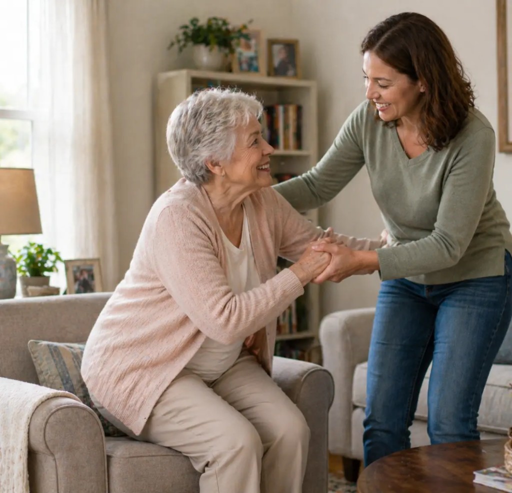 Caregiver helping an older adult stand safely at home